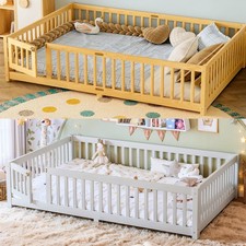 Kids Floor Bed w/ Guardrails and Lockable Door for Kids Baby Wood Toddler Bed