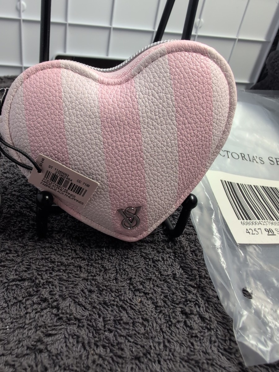 Victorias Secret Heritage Stripe Heart Pouch Pink & White Keychain