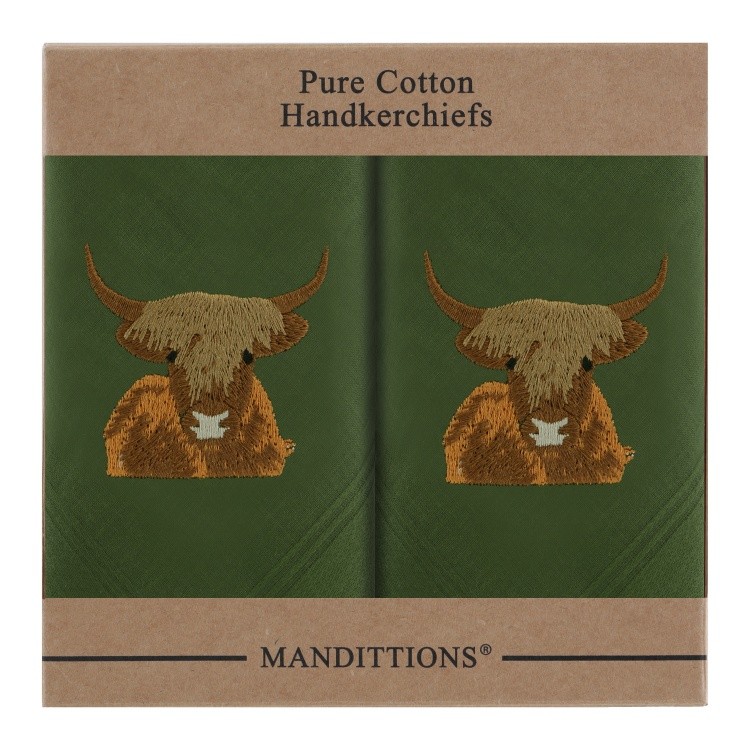 Highland Cow Handkerchiefs 2 Mens Green Cotton Embroidered Hankies Boxed
