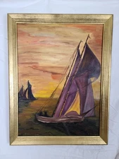 Vintage Mid-Century Oil Painting – Sailboats at Sunset – K. Lisagor – 18x24