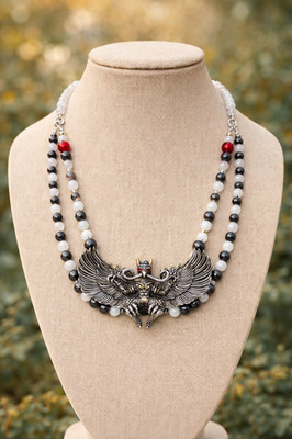 White Jade Hematite Winged Dragon Statement Necklace | Garnet Accent Beads | Han