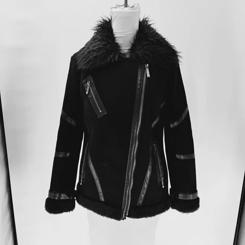 Giacca donna Michael Kors nera con accenti in pelle fuxr calda lana cappotto moto