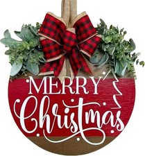 Merry Christmas Wreath Hanging Sign Wooden Welcome Bow Front Door Holiday Decor