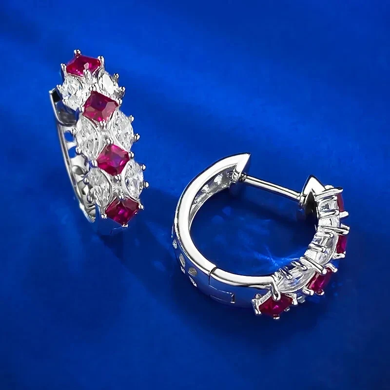 2Ct Princess Cut Lab-Created Red Ruby Huggie Hoop Earrings 14K White Gold Plated - Image 3 of 4