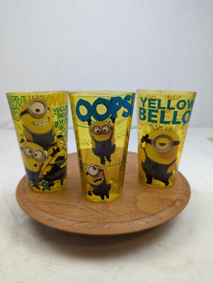 Universal Studios Minions 16 Oz Drinking Glasses Oops Yellow Bello. 3 in Lot 