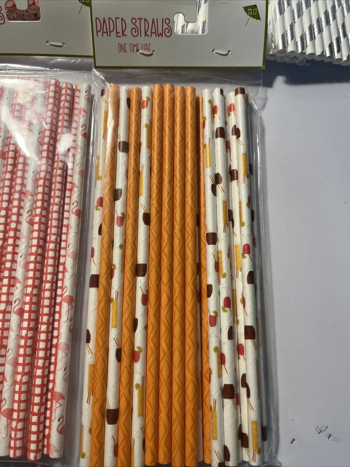 Nuevo en Paquete ~ Lote de 131 Pajitas de Papel ~ Otoño ~ Flamencos ~ Tira Plateada y Chevron Rojo Foto 2 de 4