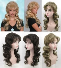 1980S WOMENS LADY LONG MID-BACK LENGTH LAYERED WAVY CURLY WIG W/ BANGS JASMINE