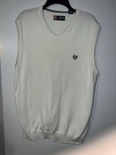 Chaps Men L Ivory Off White V Neck Cotton Knit Golf Sweater Vest Stretch Logo