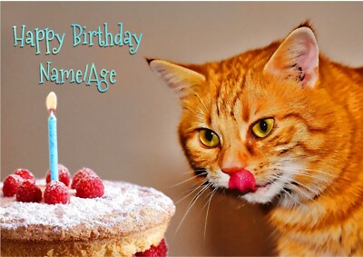 Personalised Fun Ginger Cat Birthday Card Name & Age added + pawprint