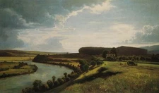 Oil painting Hübeli Bowil near Attisholz beautiful evening landscape with rivers