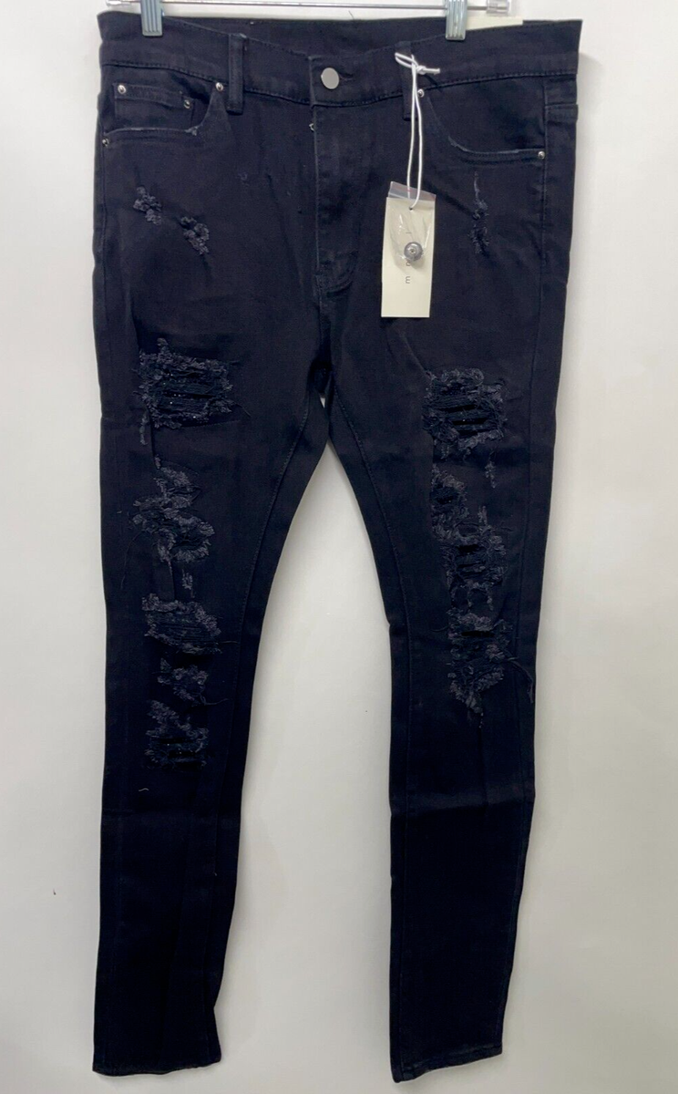 MNML Mens 33 X201 Rhinestone Stretch Denim Skinny Jean Black