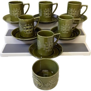 Vintage PORTMEIRION Totem Coffee Cups Saucers Sugar Bowl Set of 7 Green TH3