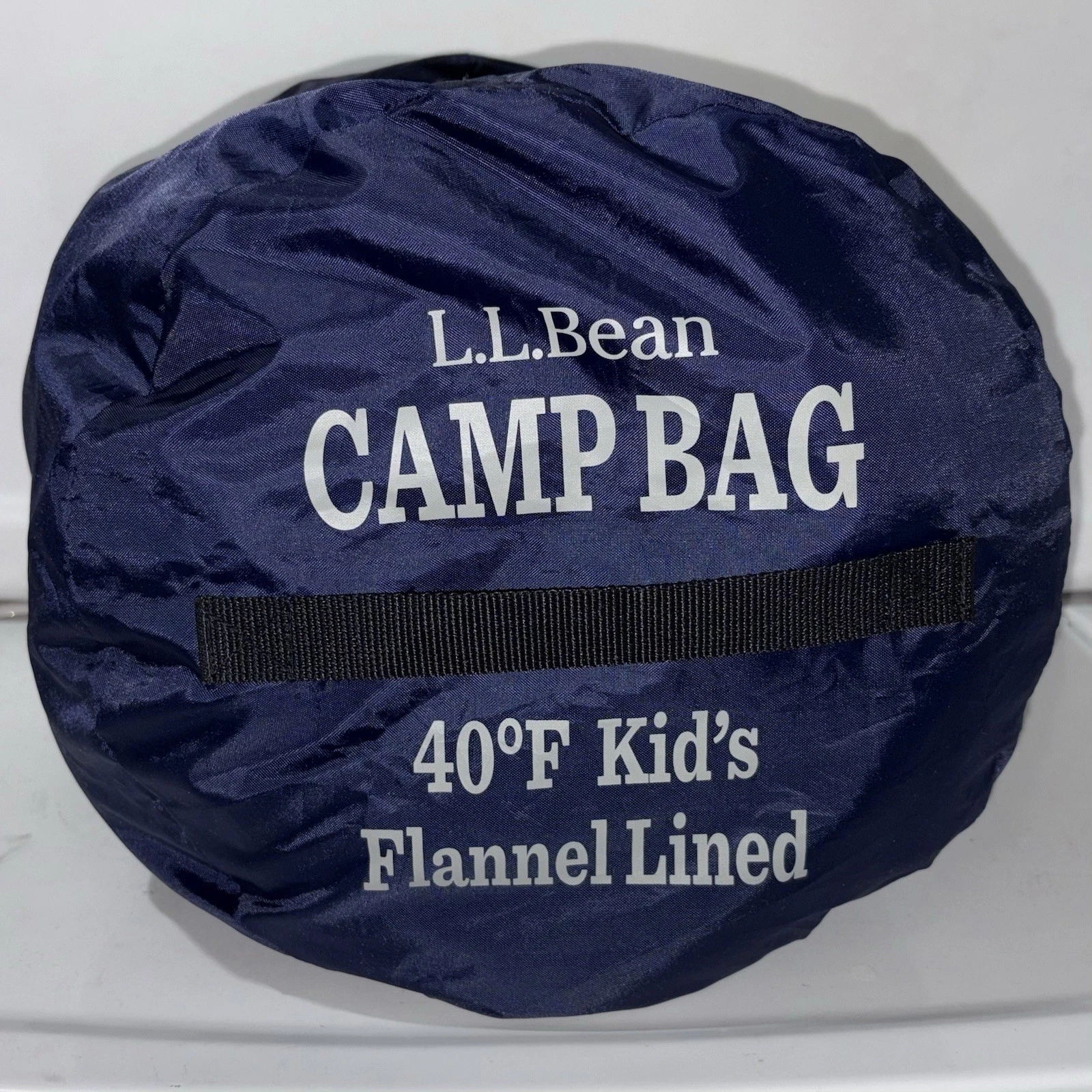LL Bean Camp Bag Sleeping Bag Kids 40° F Navy Blue Flannel Lined 62x27 In