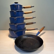 Collection Of Vintage Le Crueset Marseille Blue Enamel Cast Iron Pots/Pan & Lids