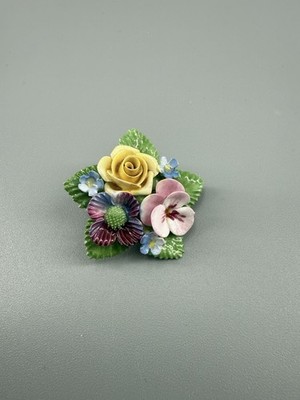 Vintage Denton Bone China Hand Painted Floral Brooch Porcelain Flower Pin