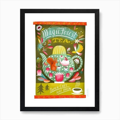 Zauberwald gemütliches Eichhörnchen Tee Kunst gerahmtes Wandbild Poster Leinwanddruck Bild