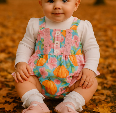 Ricrac & Ruffles Baby Girl Pumpkin Floral Bubble Romper Size 3-6M Thanksgiving