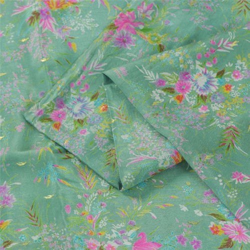 Sanskriti Vintage Sarees Sea-Green 100% Pure Silk Printed Sari 5+Yd Craft Fabric - Picture 2 of 11