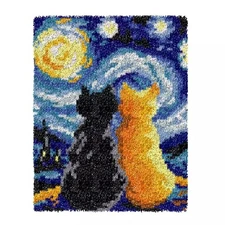 Latch Hook Kits Rug Crochet Yarn Kit Cushion with Starry Night Cat Colour Pre...