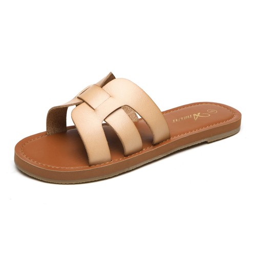 Athlefit Women's Flat Sandals Summer Casual Slip On Leather Slide Sandals Kha...