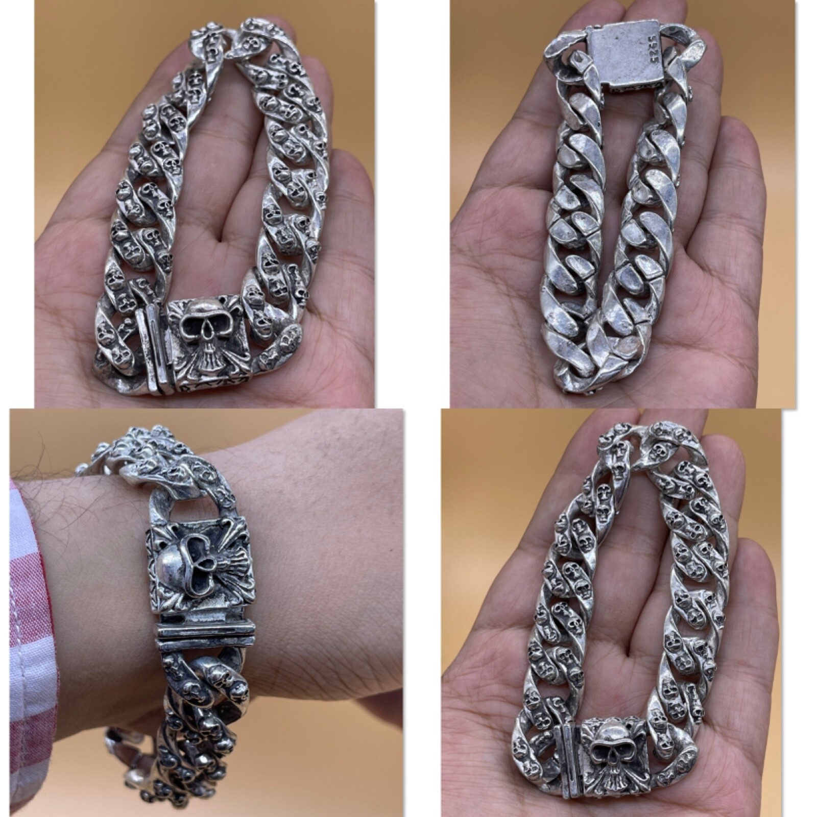 Rare vintage momento mori solid 925 silver link bracelet several skulls!