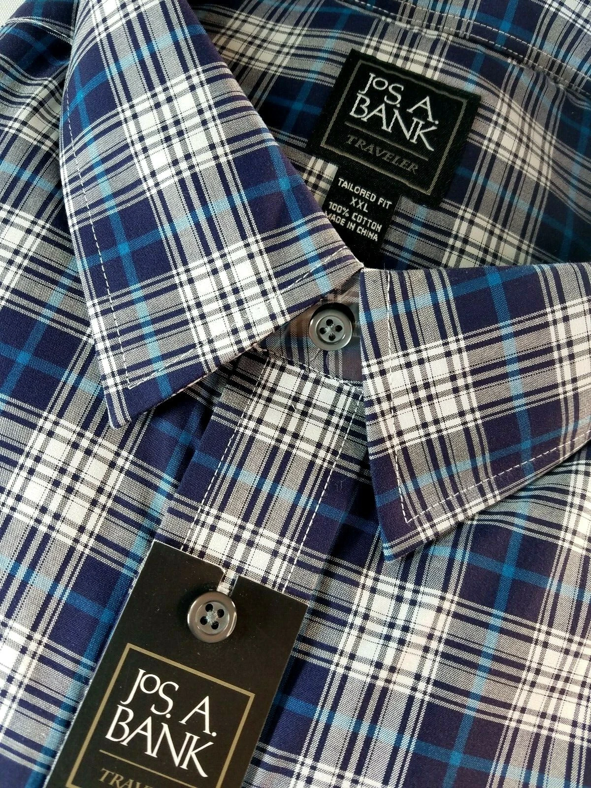 NEW Jos A Bank Traveler XXL Blue Plaid Non Iron Spread Collar L/S Shirt $99.50