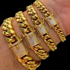 Real Miami Cuban Link Bracelet 1ct CZ Iced Clasp 18k Gold Plated Stainless Steel