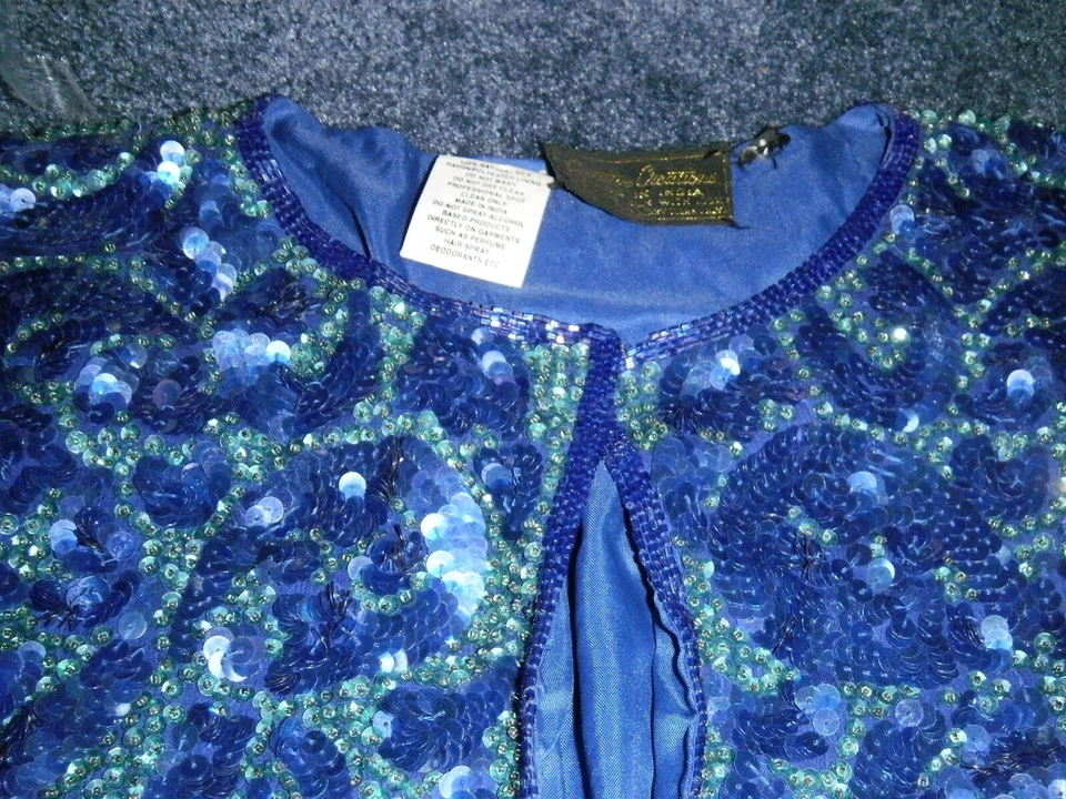 Creature Creations Vtg.Jacket Women Blue GreenSilk Sequin Beads Open Long Sleeve - Image 4 of 4