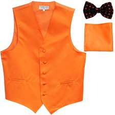 New Men's Vest Tuxedo Waistcoat Orange Polka Dots Bowtie  Solid Hankie set