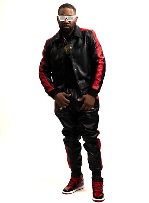 Men's Lambskin Leather Track Suit Sweatsuit [Black/Red] Jogging