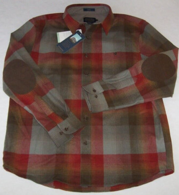 NWT Pendleton Olive/Brick Red Plaid TRAIL Shirt 100% Virgin Wool M ELBOW PATCHES