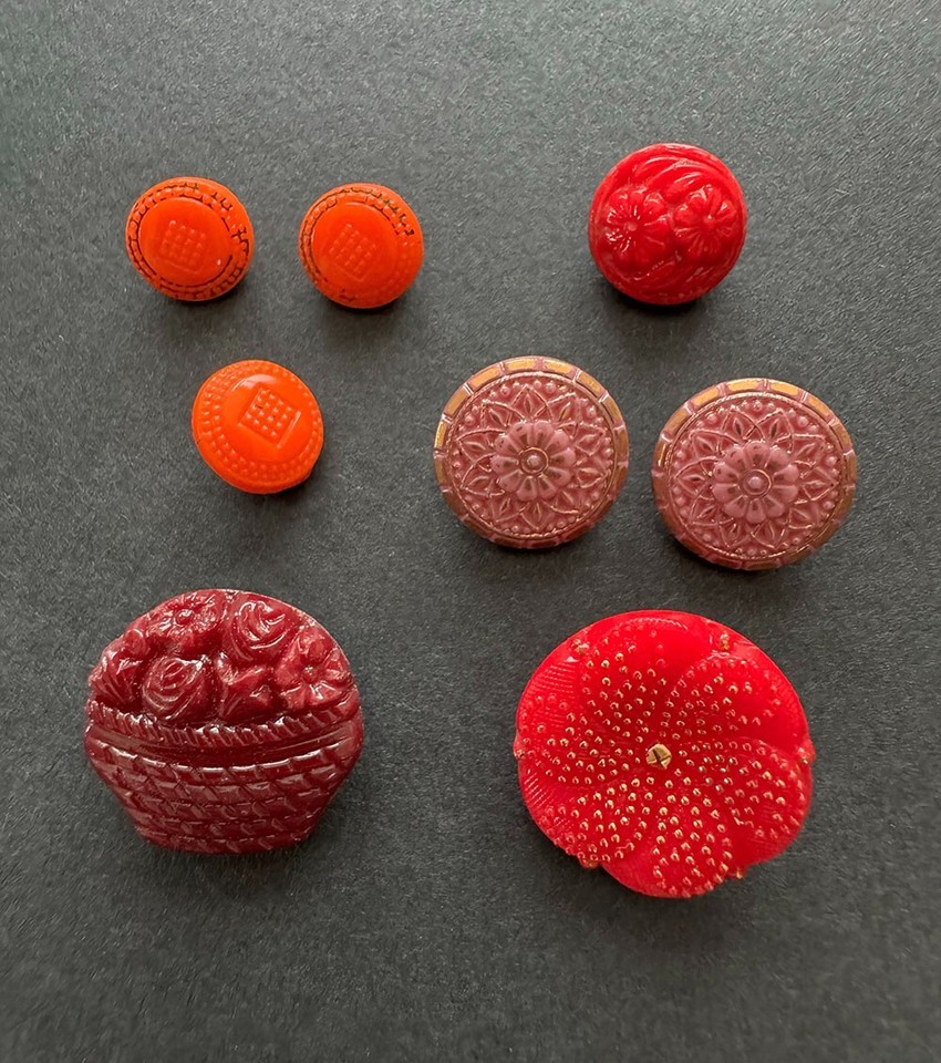 Vintage Floral, Novelty, Geometric, Glass Button Lot Red, Orange