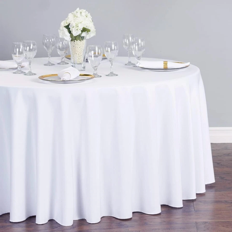 10 Pack! White Round 120 Inch Tablecloth, 100% Polyester, Washable, Party Pack! - Image 2 of 4