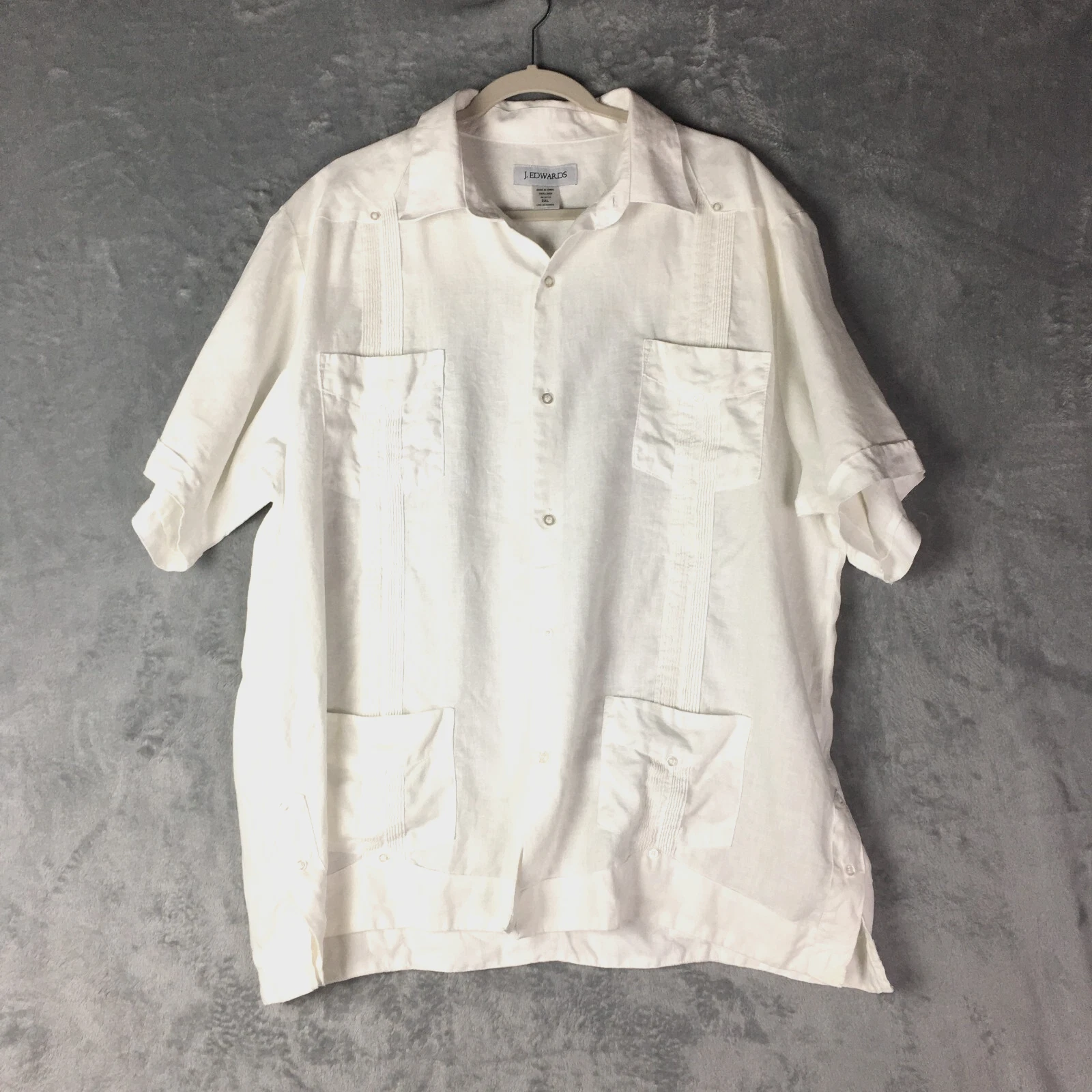 J. Edwards Men's 2XL White Linen Shirt Short Sleeve Travel Beach Summer Wedding