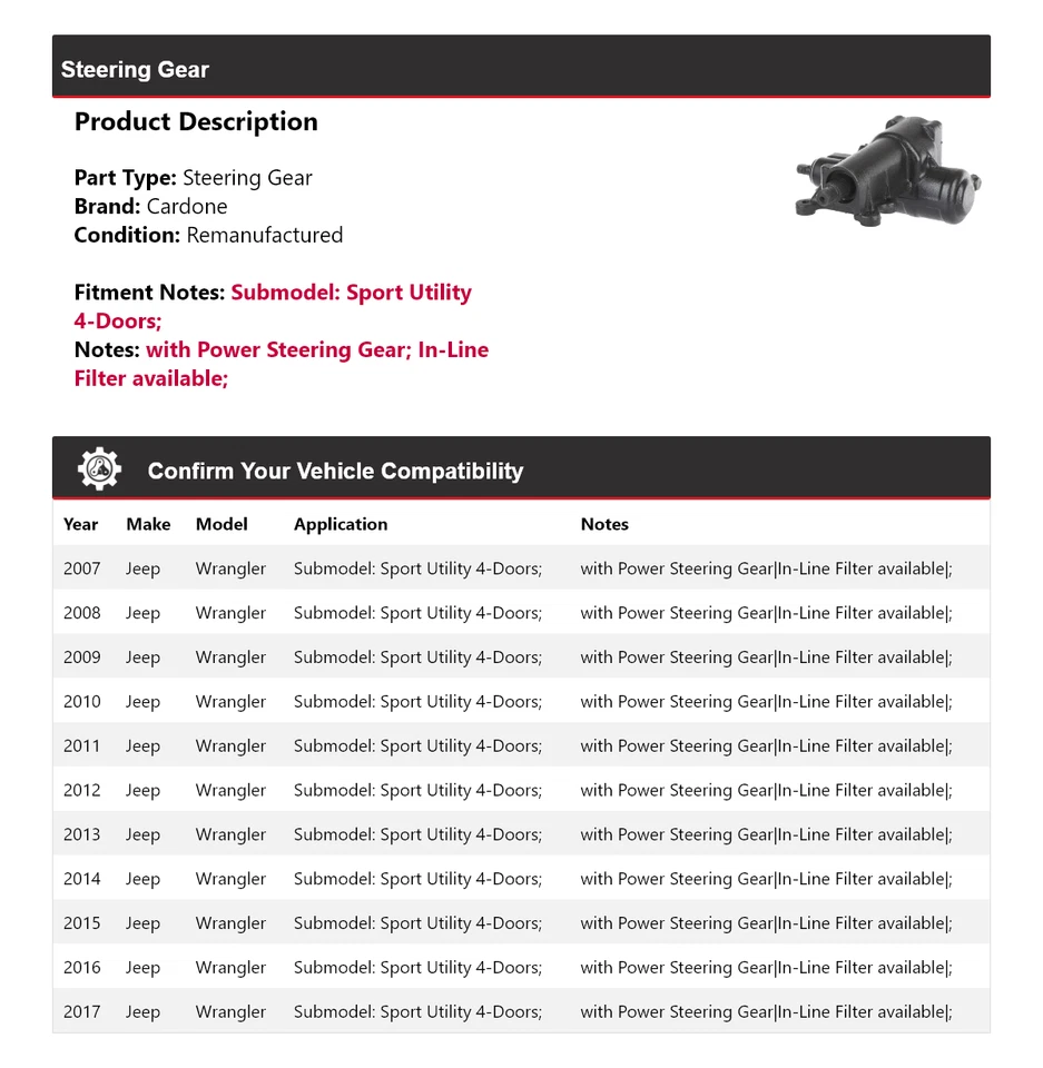 Jeep Wrangler 2007-2017 deportivo utilitario 4 puertas engranaje de dirección Cardone 2008 Foto 2 de 4