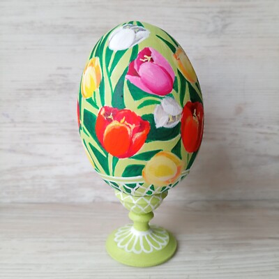Easter Egg on stand Painted Tulips on wooden Eggs in gift box h-4.5''