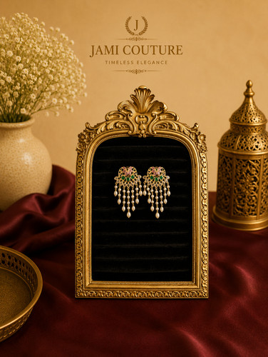 Indian Chandbali Earrings Gold Plated Kundan Green Pearl Drop Crescent Bridal AD