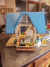 Vintage Little Tikes Blue Roof Dollhouse W/ Little Tikes Furniture,Mom & Dad
