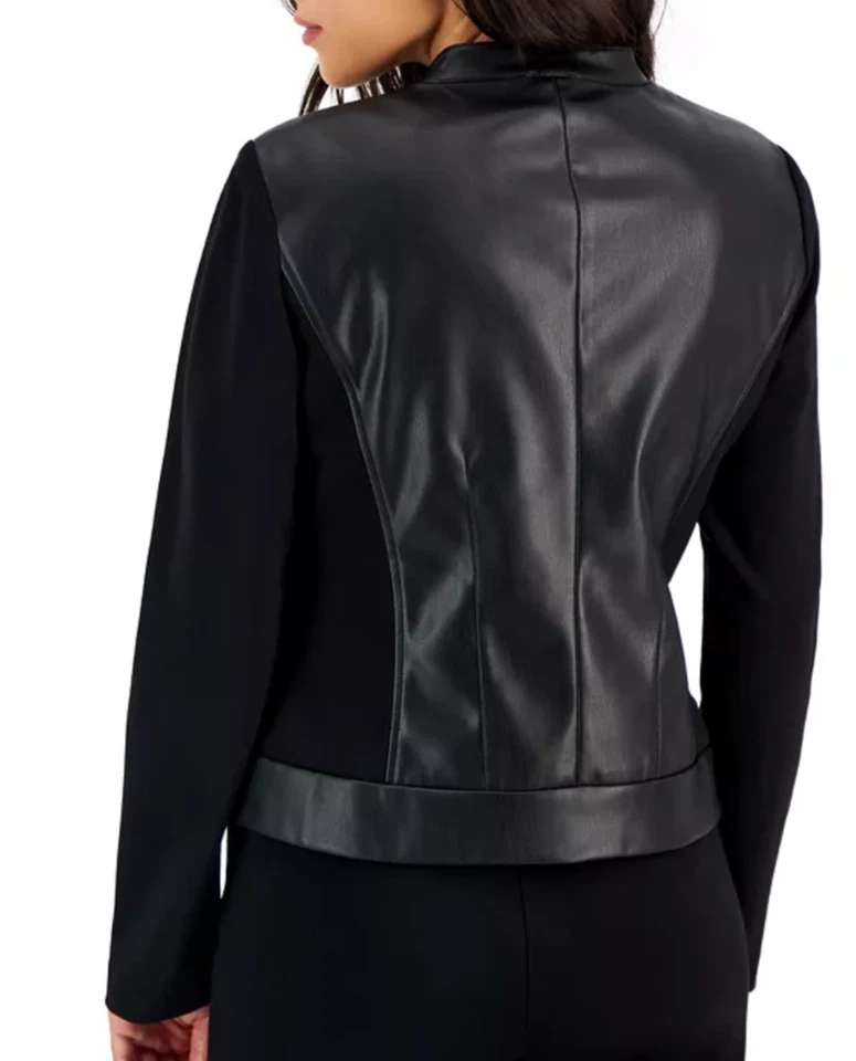 NWT AK Anne Klein Petite Mandarin-Collar Zip-Up Jacket Faux Leather Panels, PS - Image 2 of 4