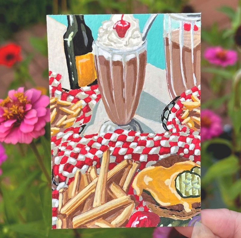 ACEO Burgers and Fries Diner Original Painting by Daelian - Bite2Eat series #1
