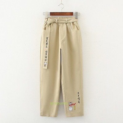 Women Pants Japanese Mori Kawaii Trousers Cat Print Overalls Bottoms Belt Autumn