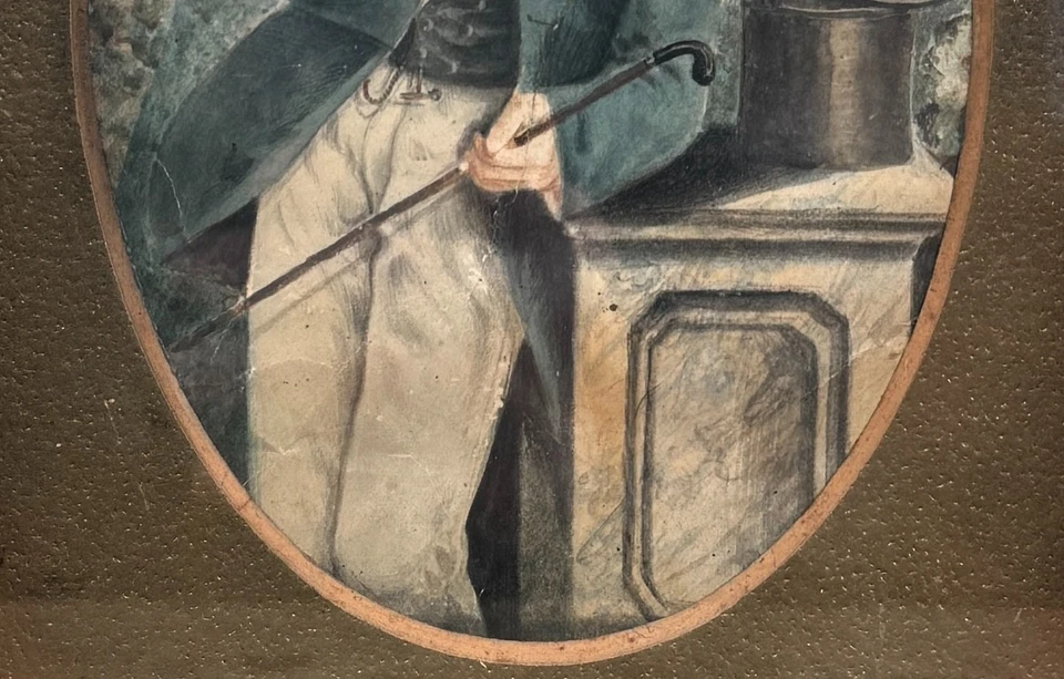 Antigua miniatura retrato pintura siglo XIX joven sombrero bastón francés alemán Foto 4 de 4