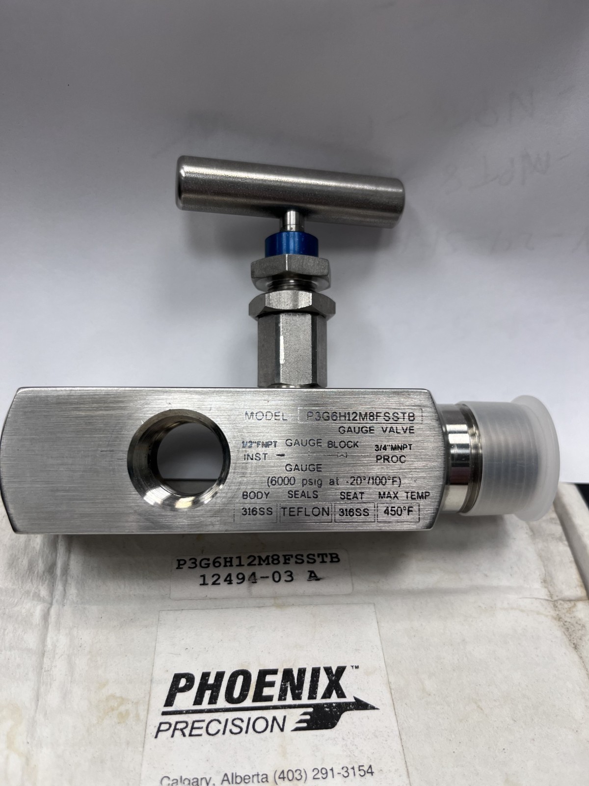 PHOENIX P3G6H12M8F-SSTB Gauge Valve – P/N 12494-03 – 3/4" MNPT x 1/2" FNPT – 316