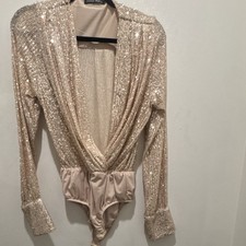 Sequin Deep V Long Sleeve Bodysuit - Gold Beige - Size M