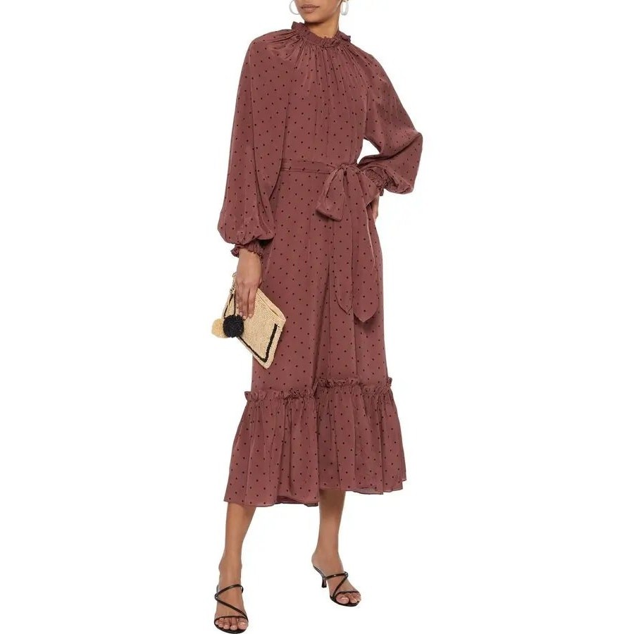 Zimmermann Purple Polka-Dot Belted Midi Dress Silk Crepe de Chine Size 0