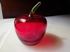 ANTIQUE "ART GLASS APPLE PAPERWEIGHT" RED/GREEN STEM-LOOKS HAND BLOWN VG