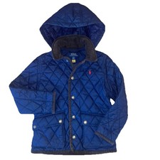 Polo Ralph Lauren Boys Quilted Jacket Navy Hooded Corduroy Collar Size 7