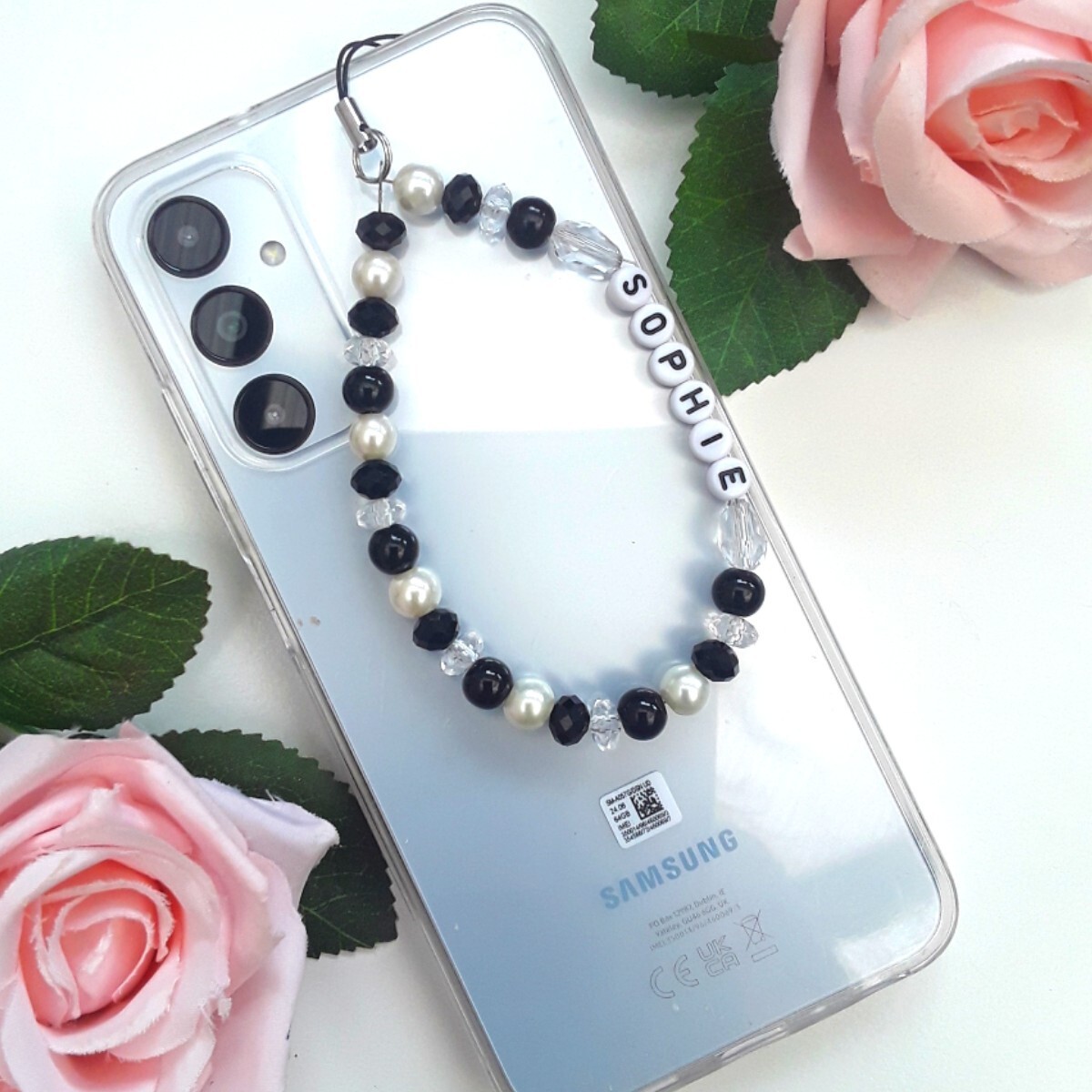 Handmade personalised beaded phone strap, personalised mobile - Main Image