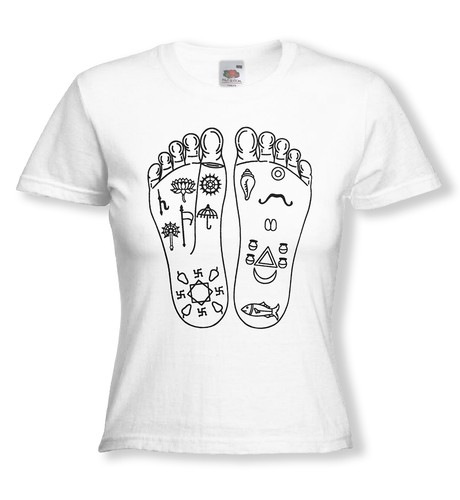 Devotional T-shirts - KRISHNAS FOOT PRINTS - Ladies Tee - Many Colour Variations - Picture 3 of 49