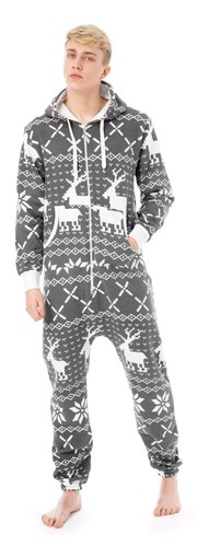 Herren Payjama Einteiler All in One Azteken Reißverschluss Kapuze Fleece Playsuit Overall - Bild 24 von 33